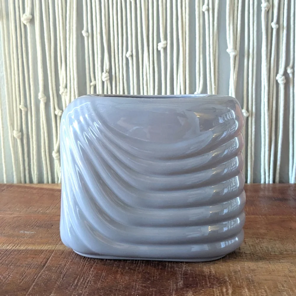 1980s Contemporary Gray Square Ceramic Vase / Accent Piece Raised Stripe Design